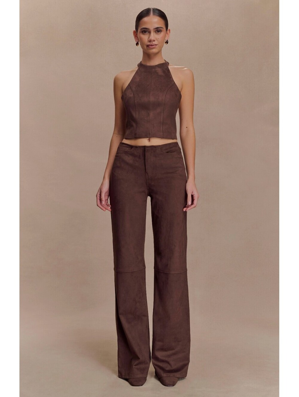 MESHKI Logan Faux Suede Straight Leg Pants Dark Chocolate S NWT